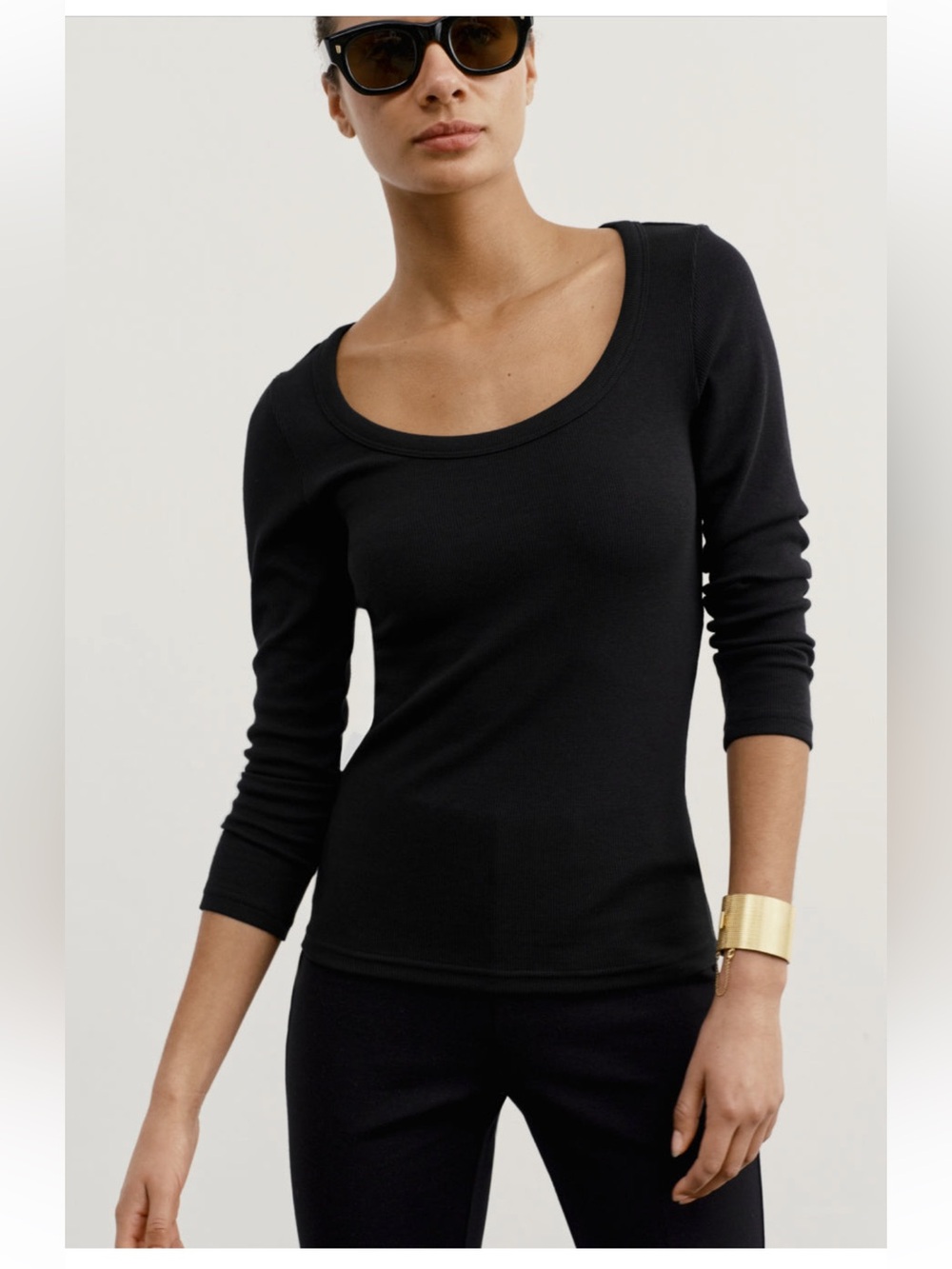 AYR Open Ended Black Scoop Neck Long Sleeve Ribbed Tee Classic Balletcore